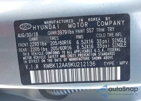 2019 Hyundai Kona Se from USA, damaged, VIN KM8K12AA9KU212136